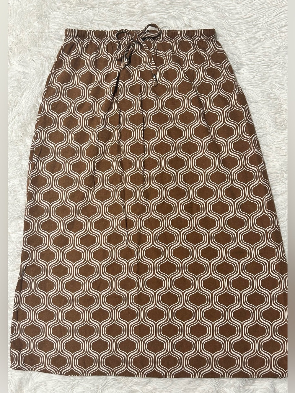 Brown Geometric Maxi Skirt with Drawstring Waist